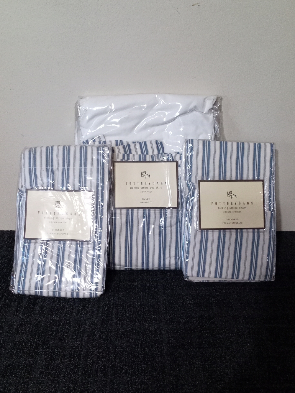 Pottery Barn Blue and White Ticking Stripe Bed Skirt And Pillow Sham Set